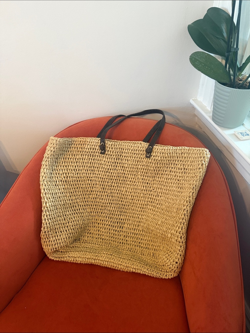Woven Straw Tote Bag with Black Handles - Natural